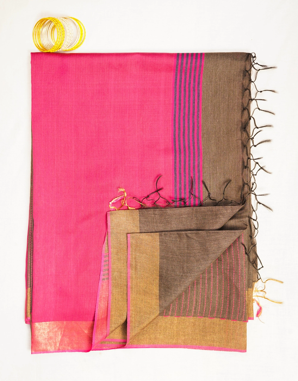 Hovered view of Brown With Hot Pink Contrast Pallu Pure Mulberry Munga Silk Handloom Saree