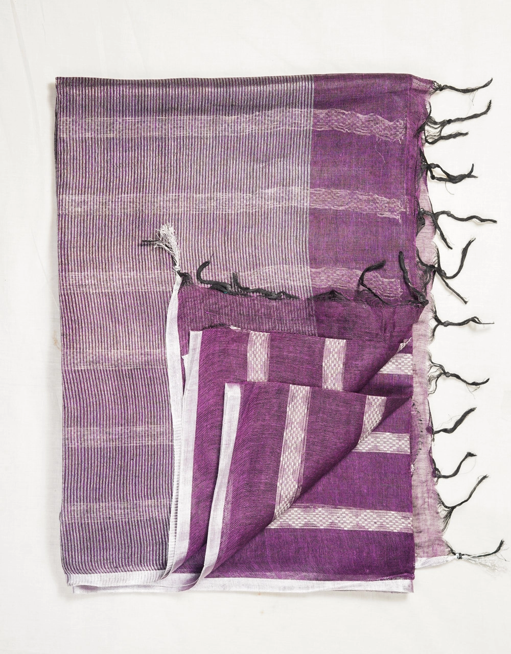 Hovered view of Purple With Silver Stripe Detailing Linen Handloom Saree