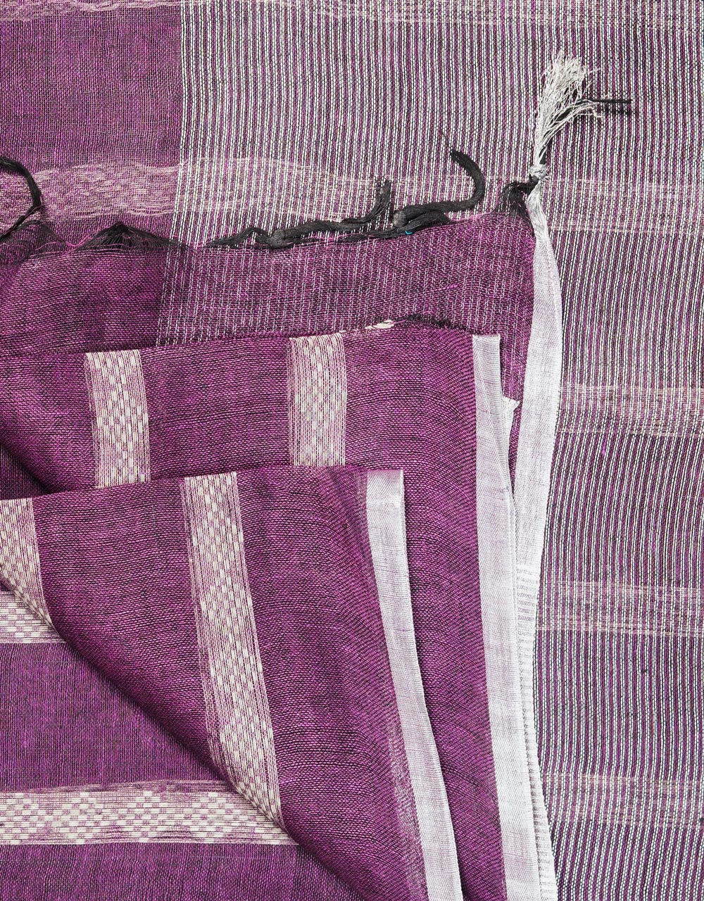 Purple With Silver Stripe Detailing Linen Handloom Saree - View 3