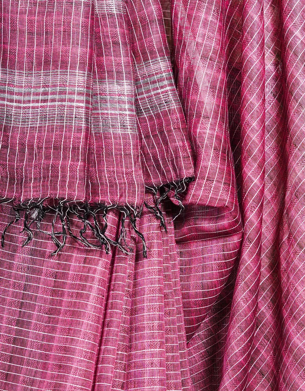 Pink Rose With Ivory White Stripe Work Linen Handloom Saree - View 4