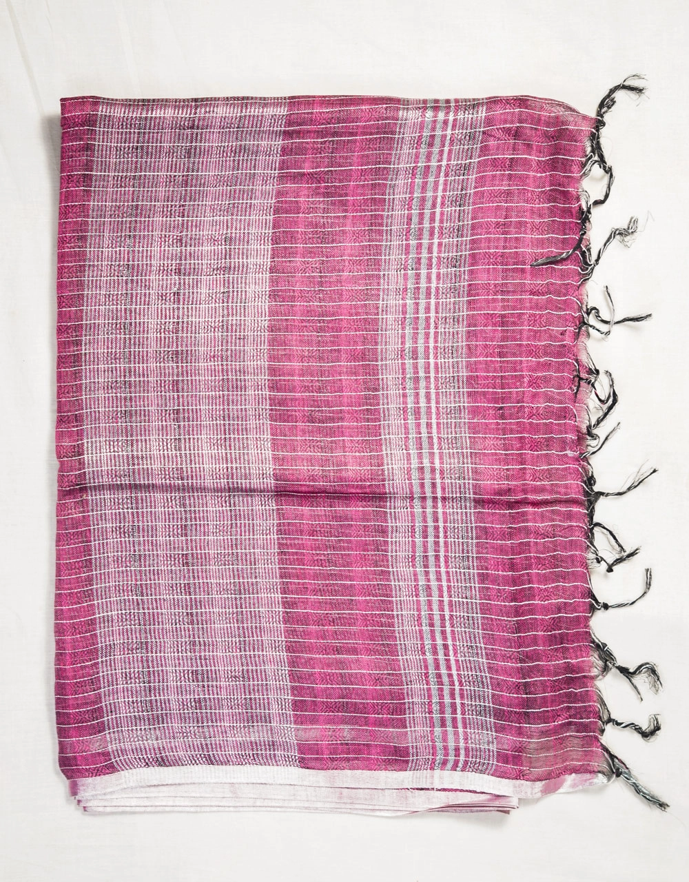 Hovered view of Pink Rose With Ivory White Stripe Work Linen Handloom Saree