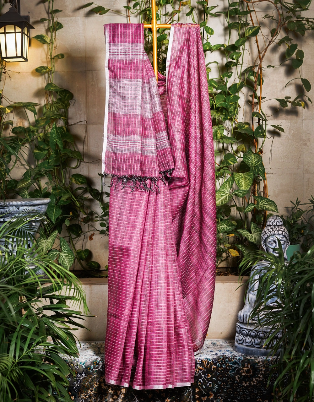 Pink Rose With Ivory White Stripe Work Linen Handloom Saree