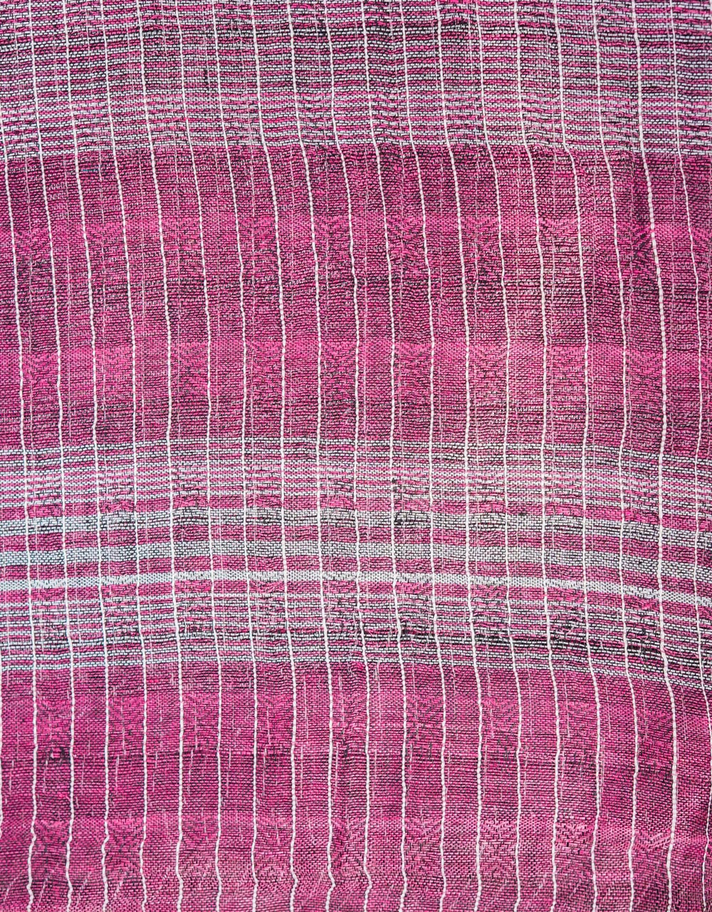 Pink Rose With Ivory White Stripe Work Linen Handloom Saree - View 3