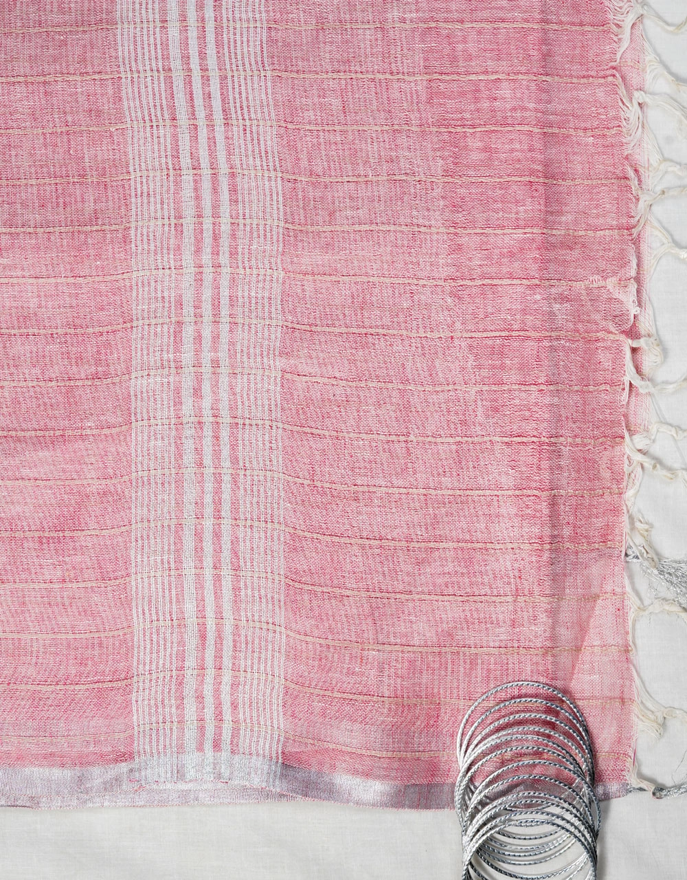 Pink Soft Blush With White Woven Lines Bhagalpur Linen Striped Saree - View 3
