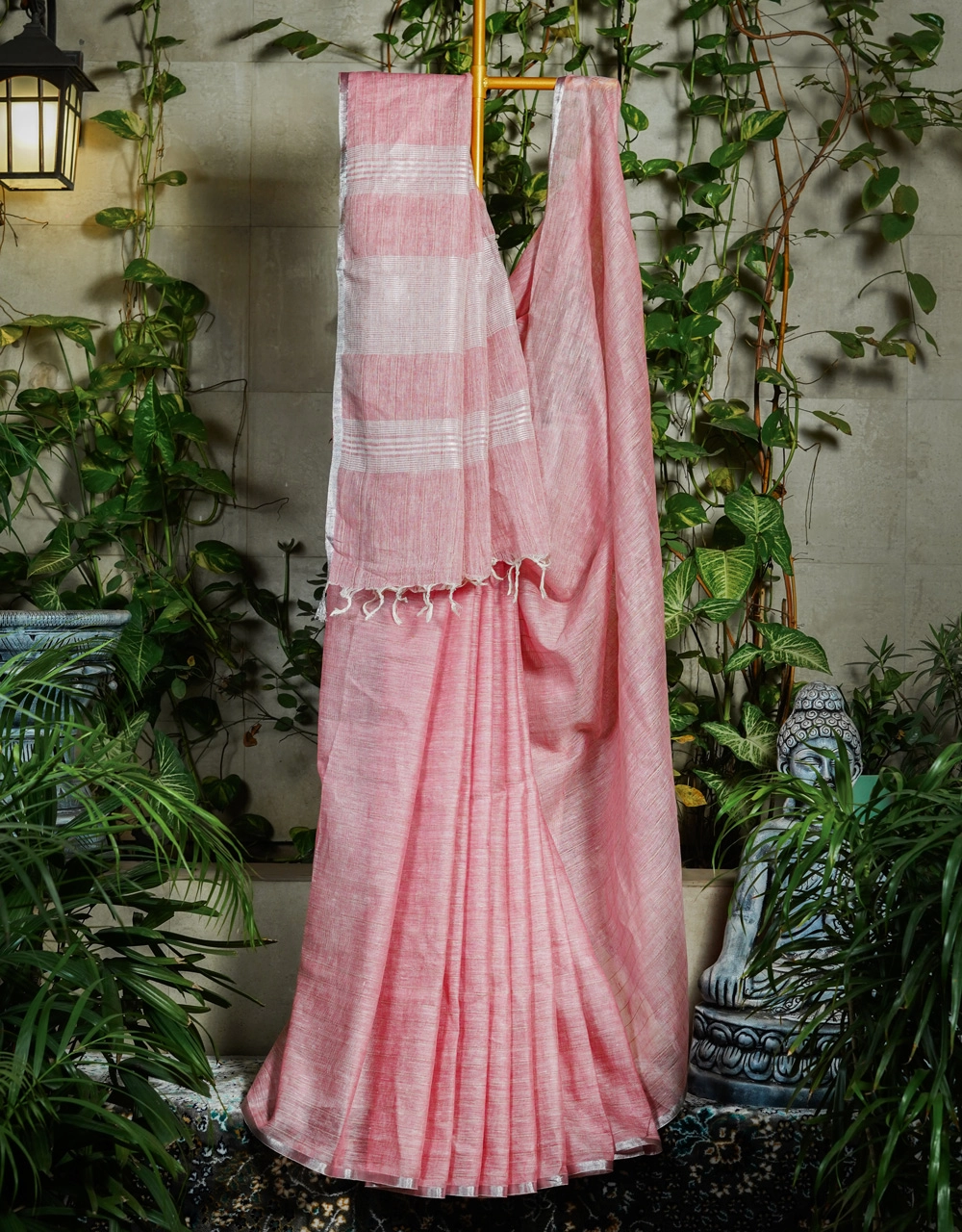 Pink Soft Blush With White Woven Lines Bhagalpur Linen Striped Saree
