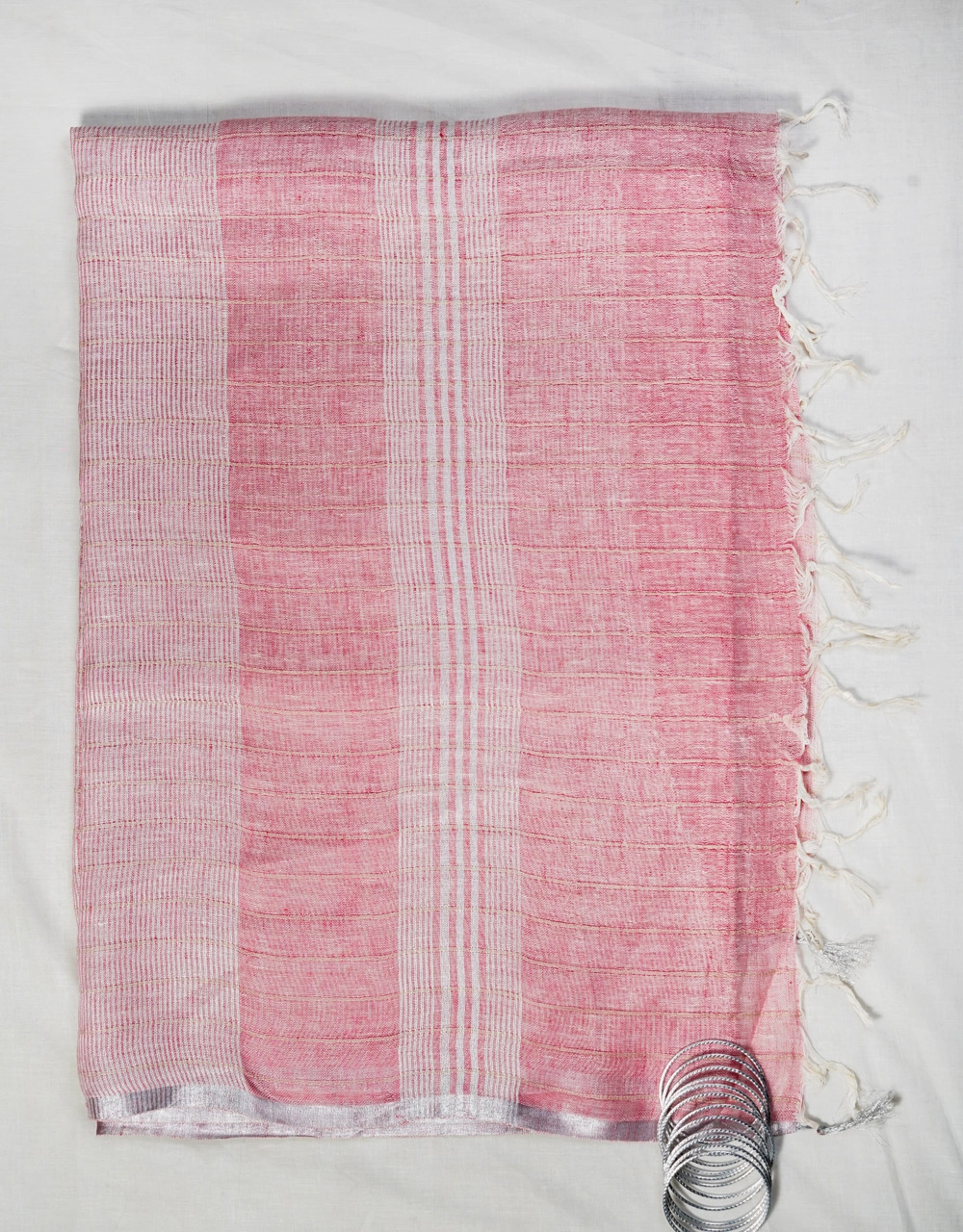 Hovered view of Pink Soft Blush With White Woven Lines Bhagalpur Linen Striped Saree