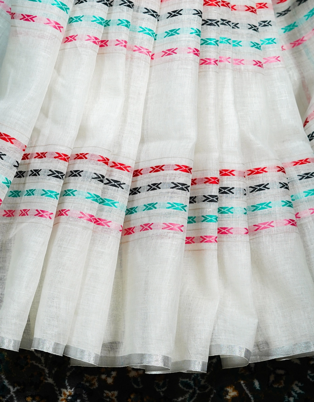 White Body With Aqua Blue Pallu And Multicolour Woven Stripes Linen Saree - View 5
