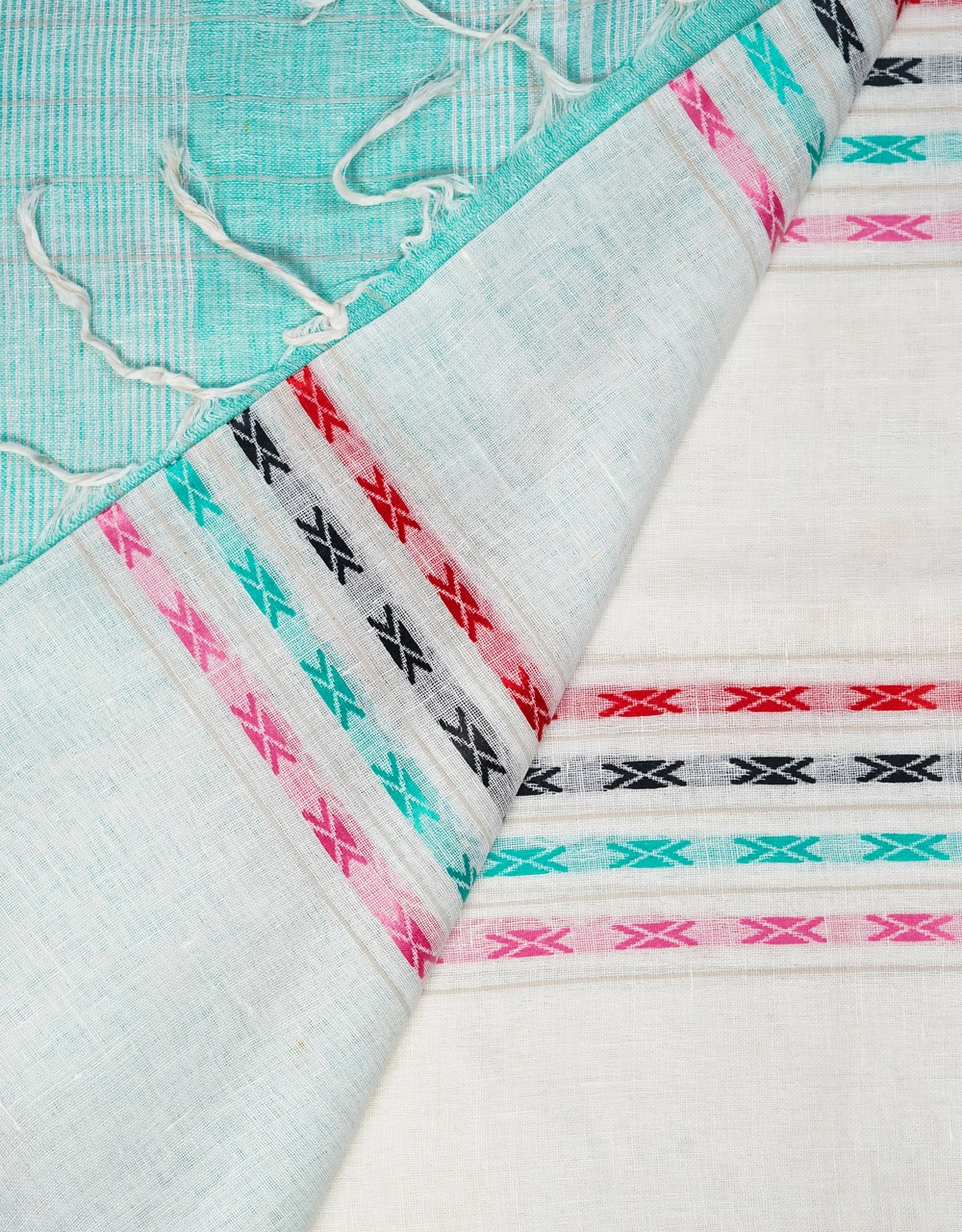 White Body With Aqua Blue Pallu And Multicolour Woven Stripes Linen Saree - View 3