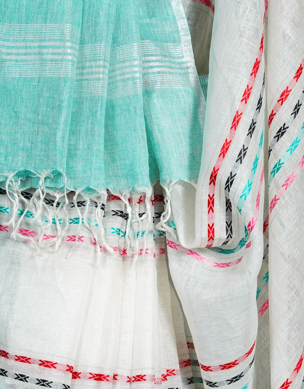 White Body With Aqua Blue Pallu And Multicolour Woven Stripes Linen Saree - View 4