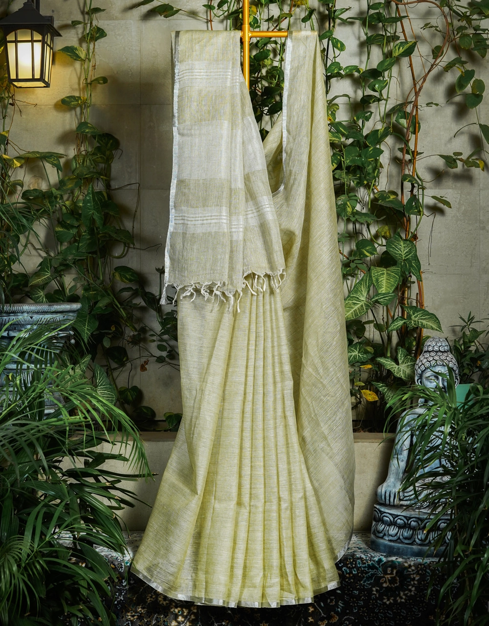 White Body With Aqua Blue Pallu And Multicolour Woven Stripes Linen Saree