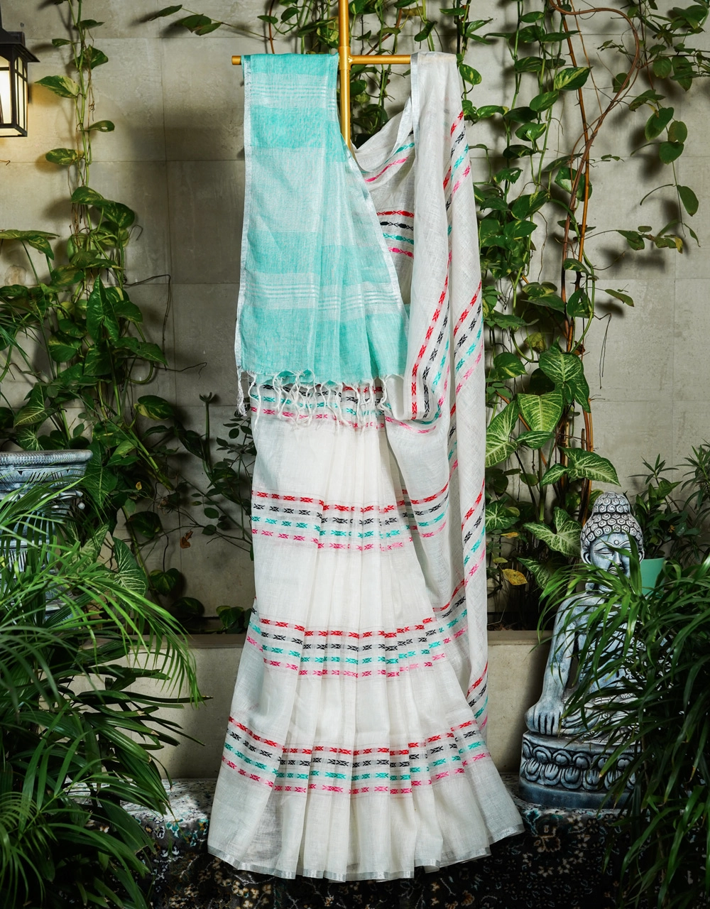White Body With Aqua Blue Pallu And Multicolour Woven Stripes Linen Saree