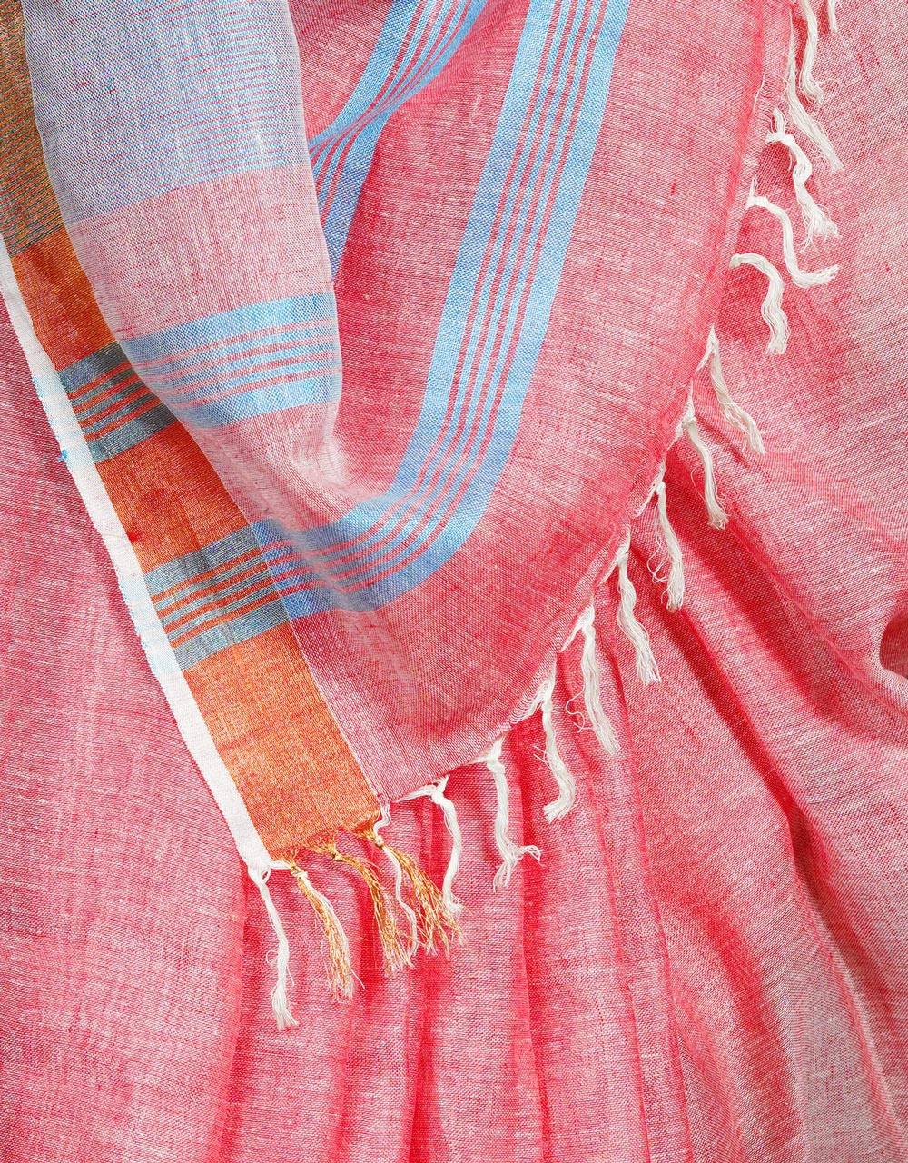 Coral Pink With Sky Blue Stripes And Copper Zari Border Linen Saree - View 4