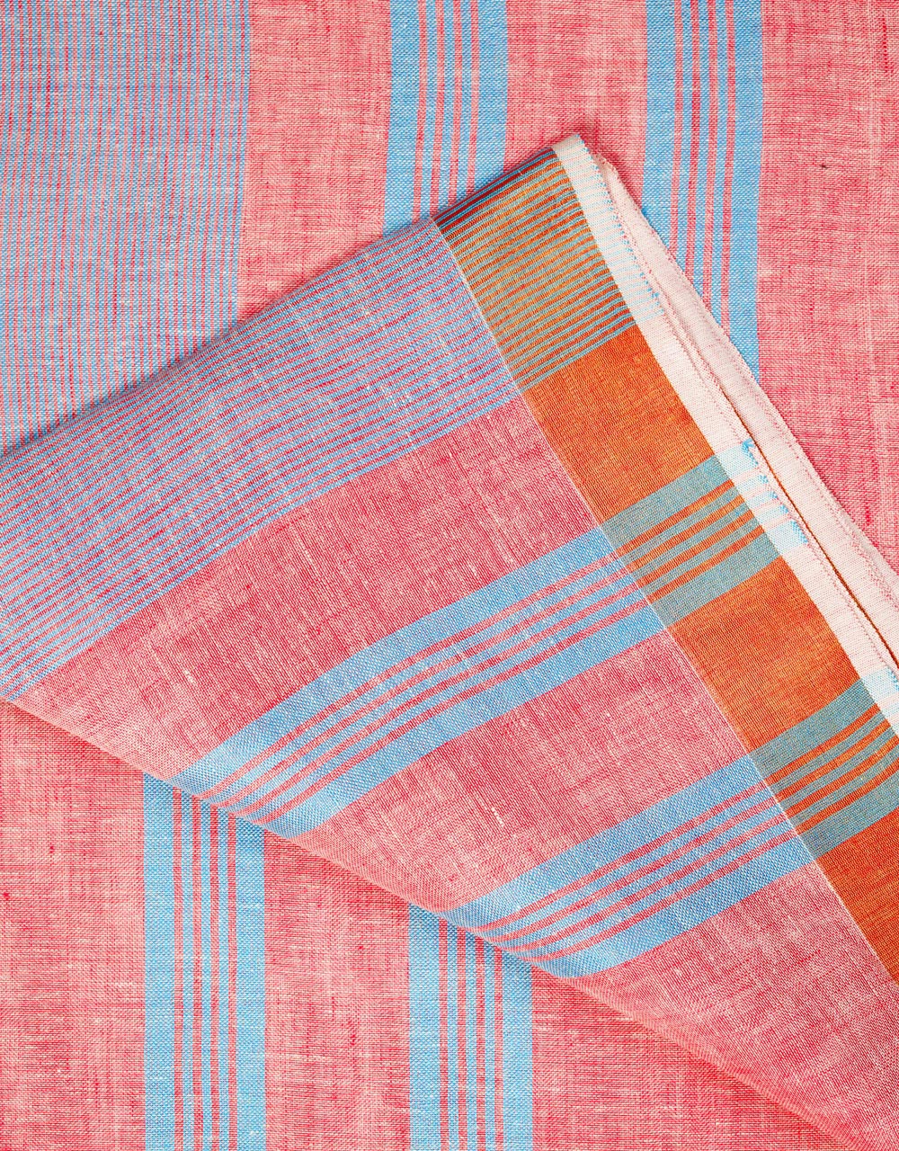 Coral Pink With Sky Blue Stripes And Copper Zari Border Linen Saree - View 3