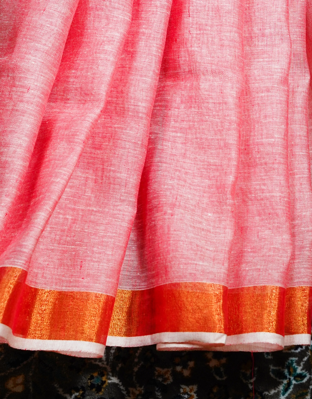 Coral Pink With Sky Blue Stripes And Copper Zari Border Linen Saree - View 5