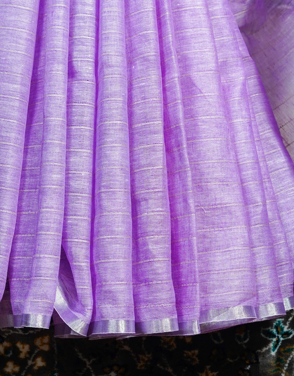 Lavender Purple With Off White Stripe Pallu Linen Saree - View 5