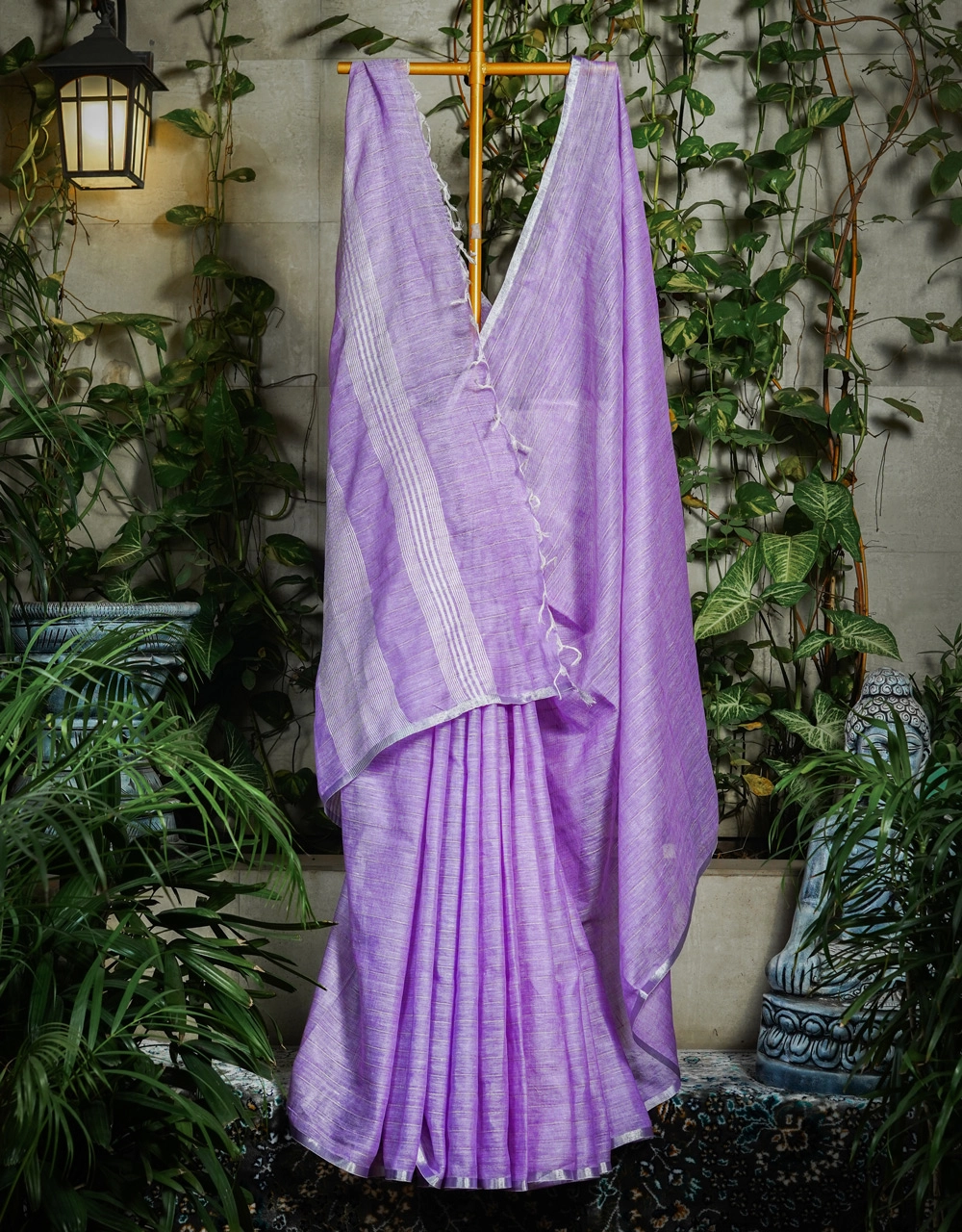 Lavender Purple With Off White Stripe Pallu Linen Saree