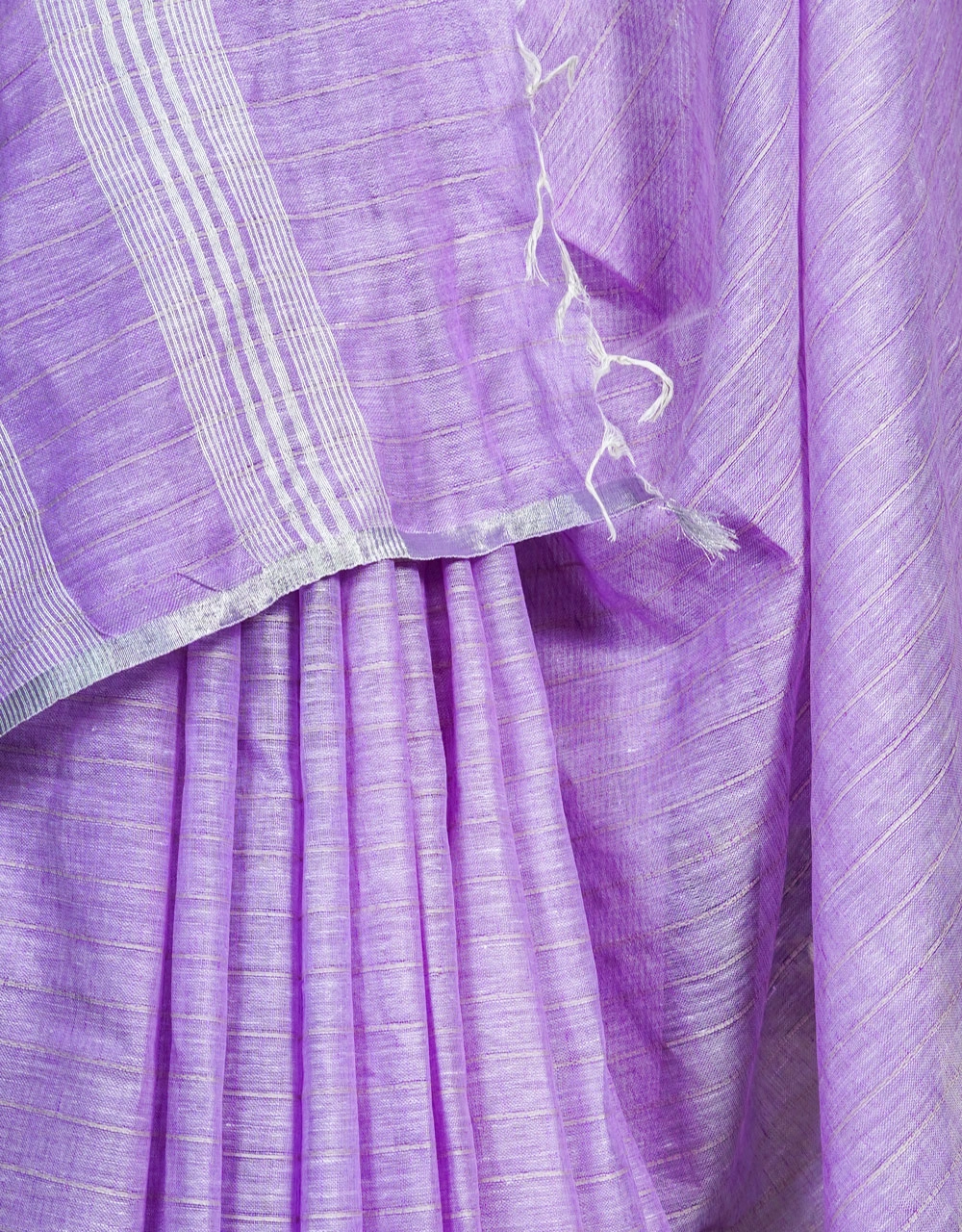 Lavender Purple With Off White Stripe Pallu Linen Saree - View 4