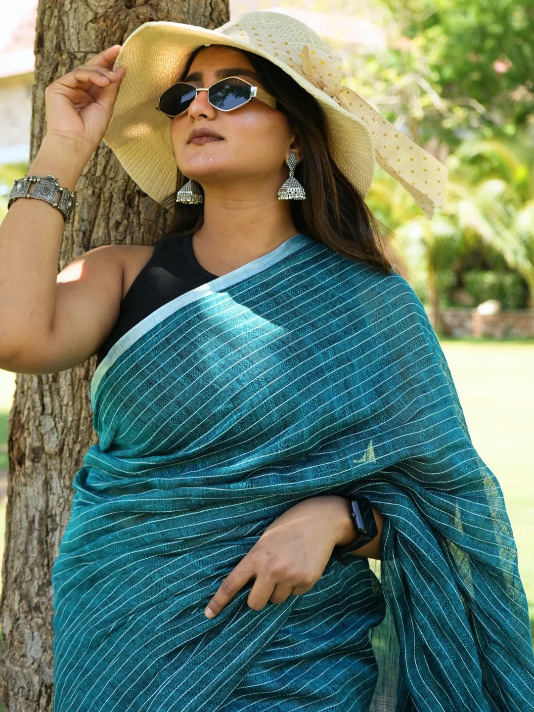 Blue Teal With Off White Stripes Pure Handloom Linen Saree