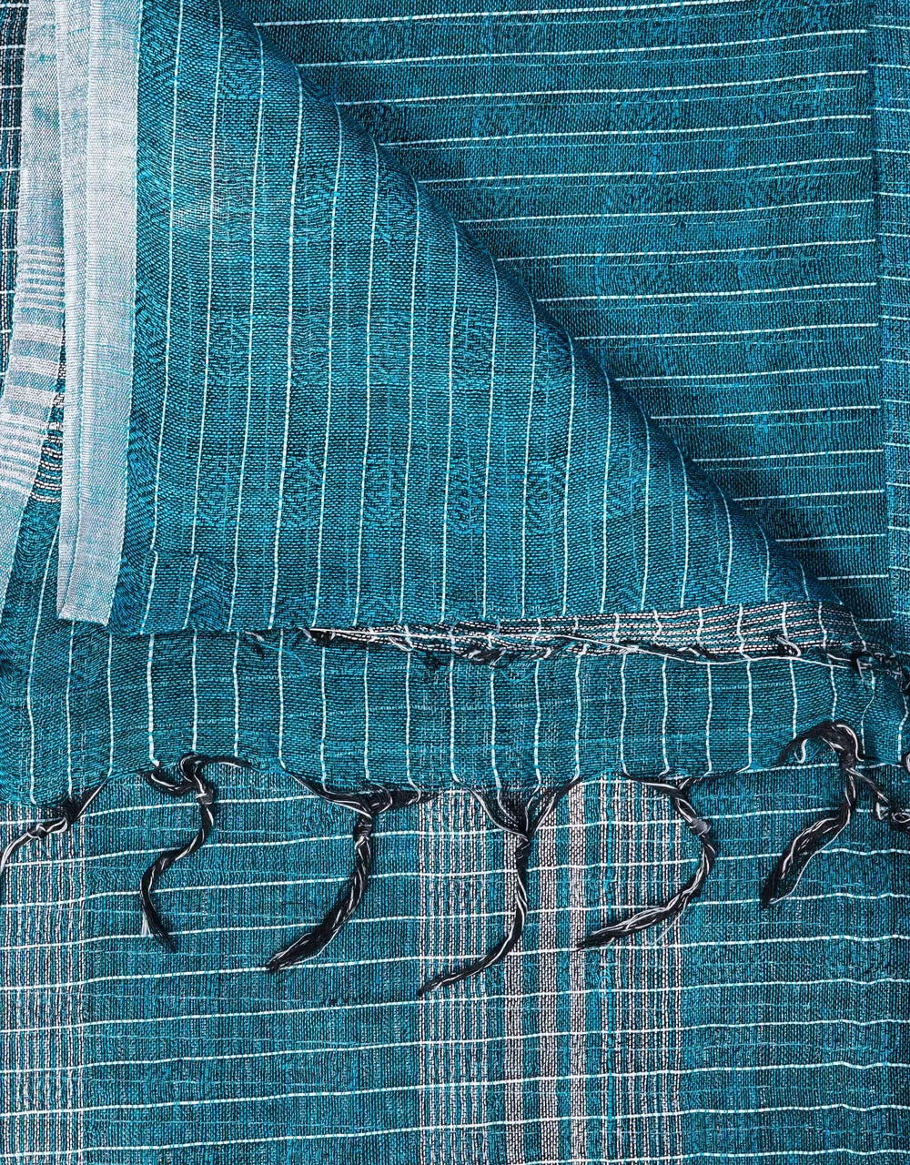 Blue Teal With Off White Stripes Pure Handloom Linen Saree - View 3