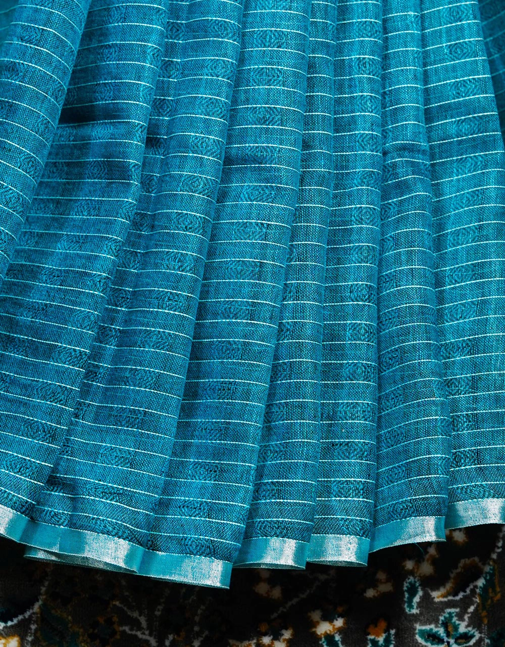 Blue Teal With Off White Stripes Pure Handloom Linen Saree - View 5