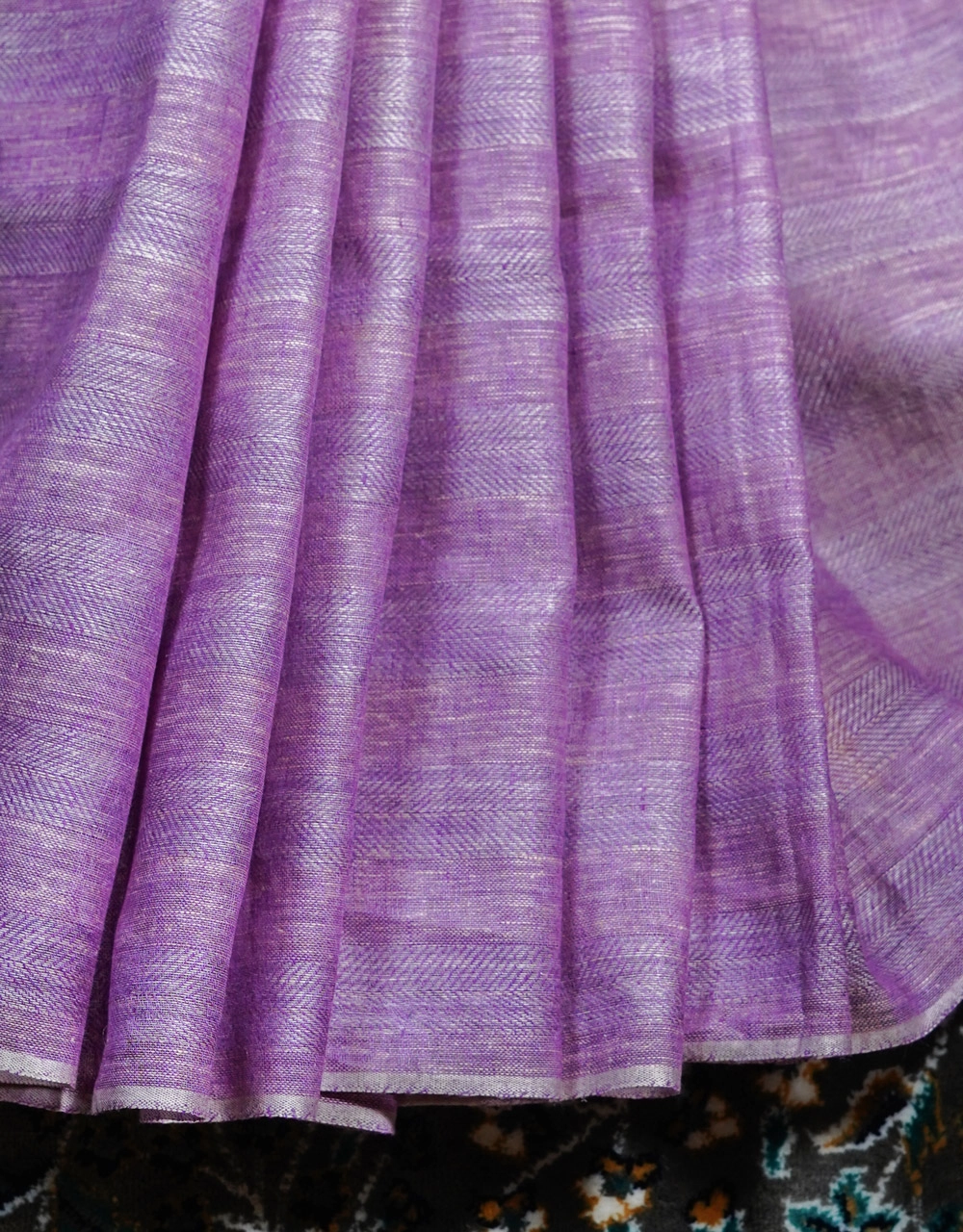 Lavender Purple With Natural Beige Stripes Linen Saree - View 5