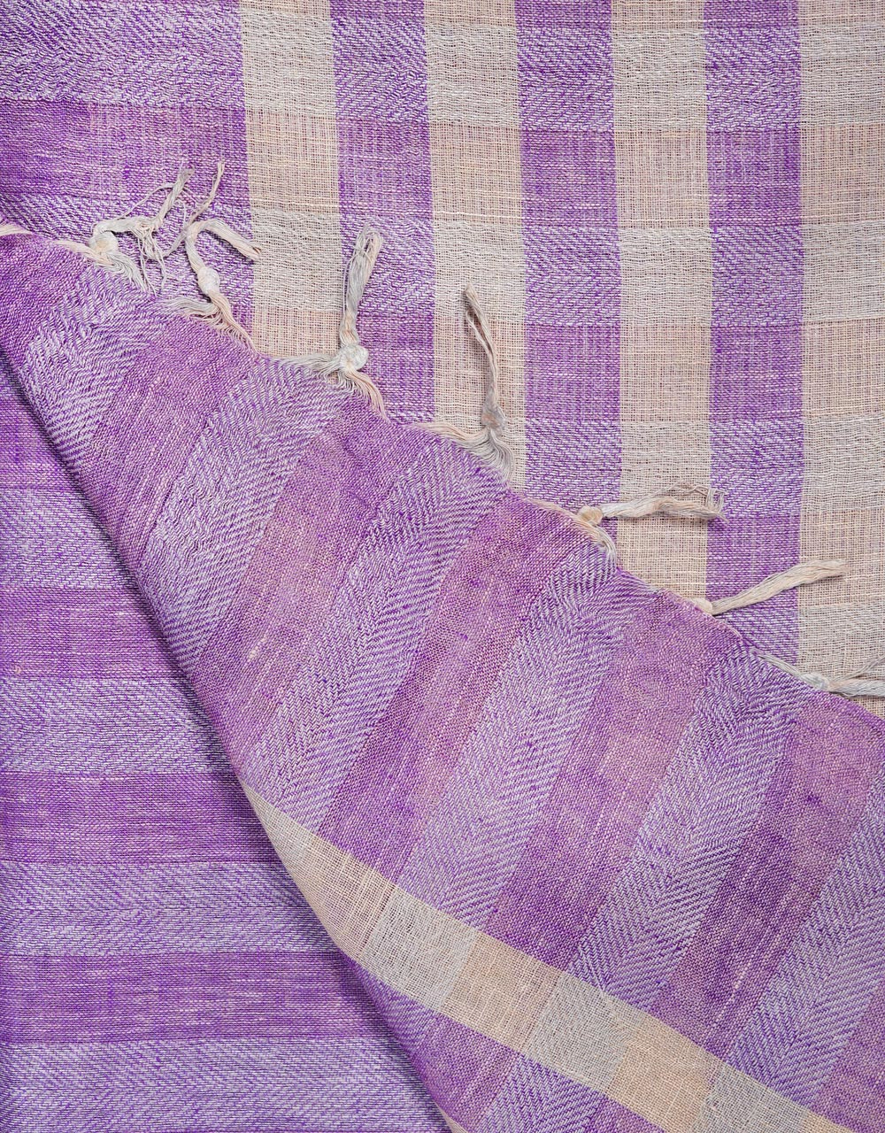 Lavender Purple With Natural Beige Stripes Linen Saree - View 3