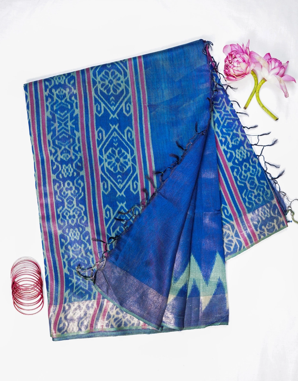 Hovered view of Blue Midnight Prism Bhagalpuri Cotton Silk Saree