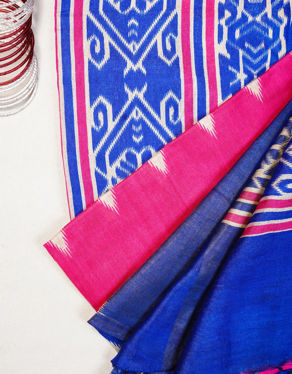 Blue Royal And Pink Fusion Bhagalpuri Cotton Silk Ikat Saree - View 3