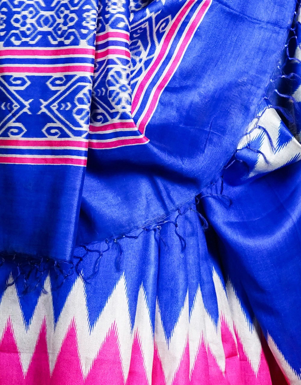 Blue Royal And Pink Fusion Bhagalpuri Cotton Silk Ikat Saree - View 4