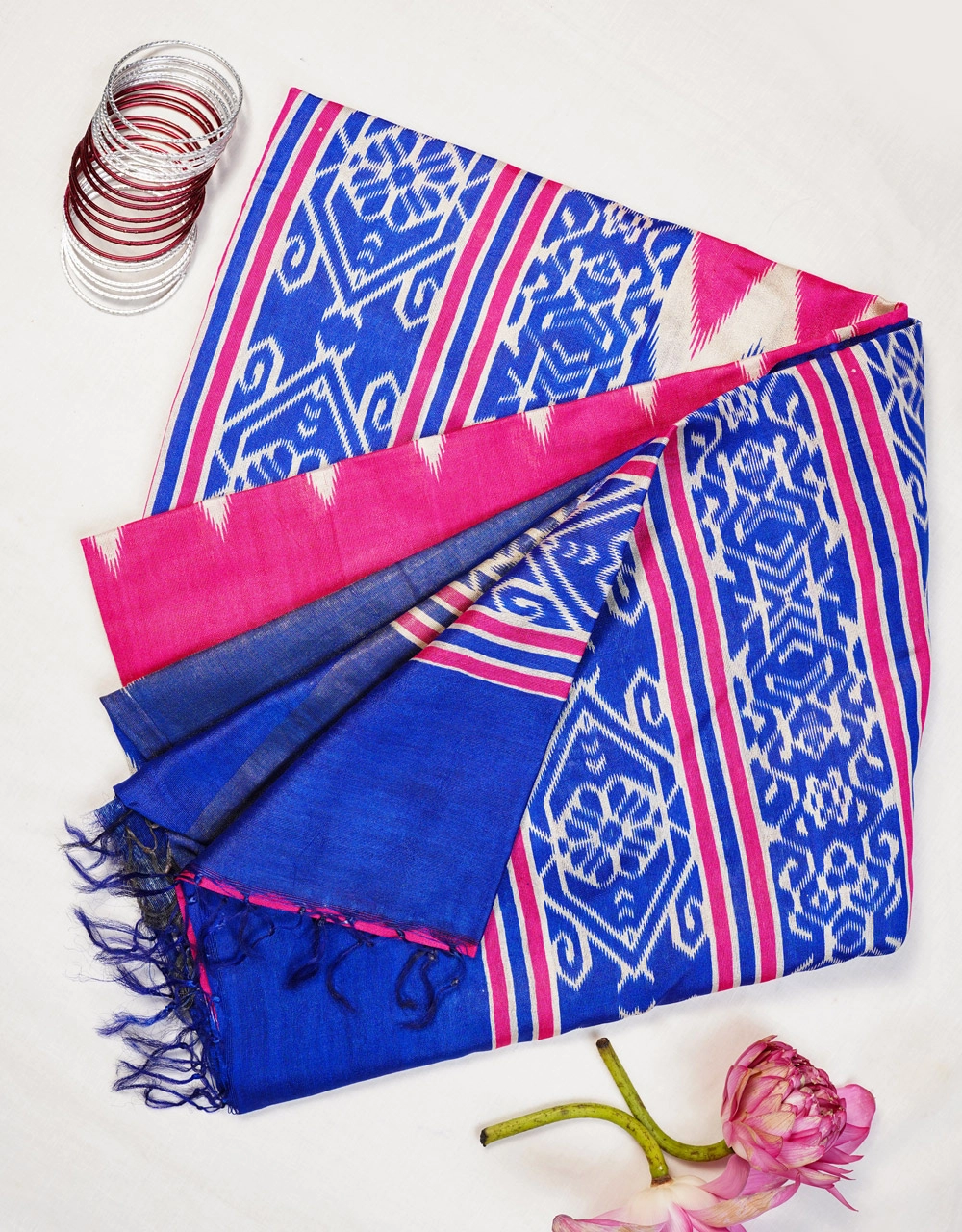 Blue Royal And Pink Fusion Bhagalpuri Cotton Silk Ikat Saree