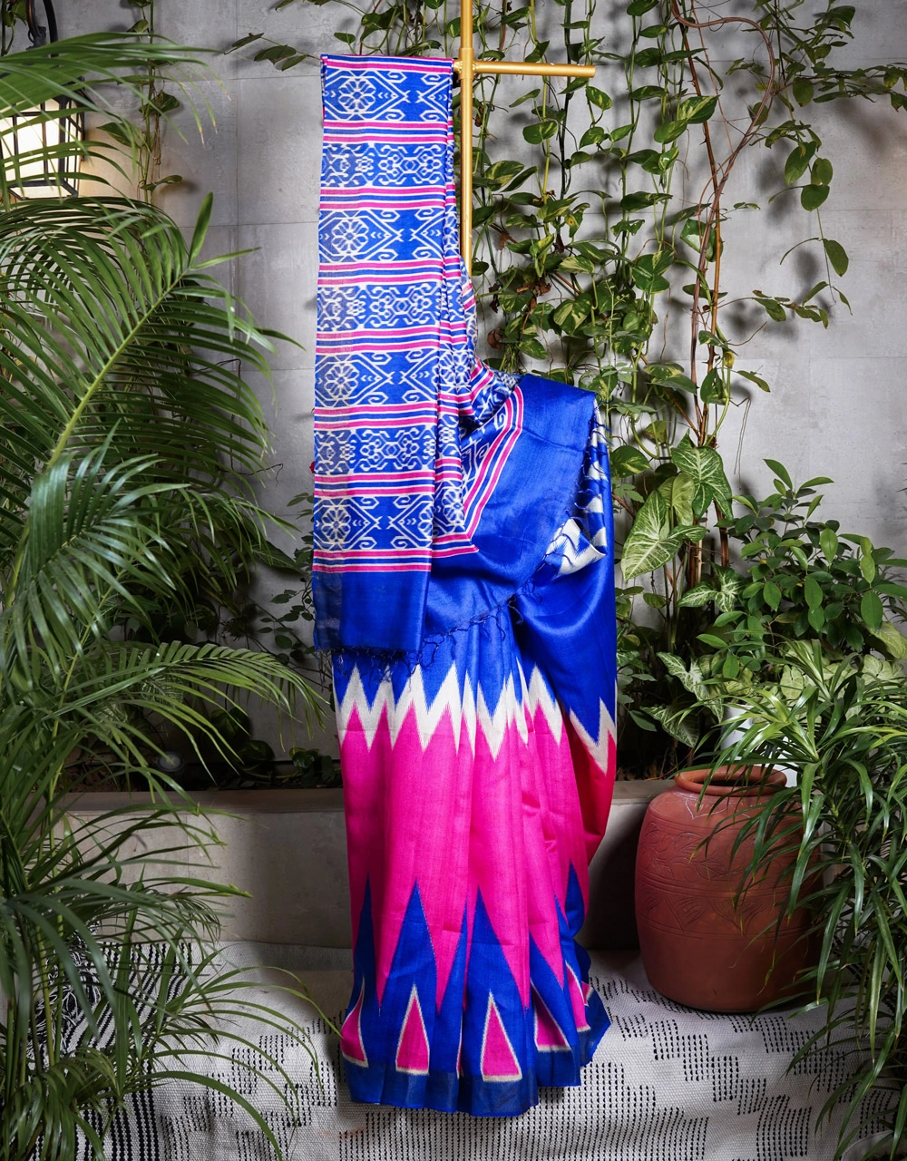 Blue Royal And Pink Fusion Bhagalpuri Cotton Silk Ikat Saree