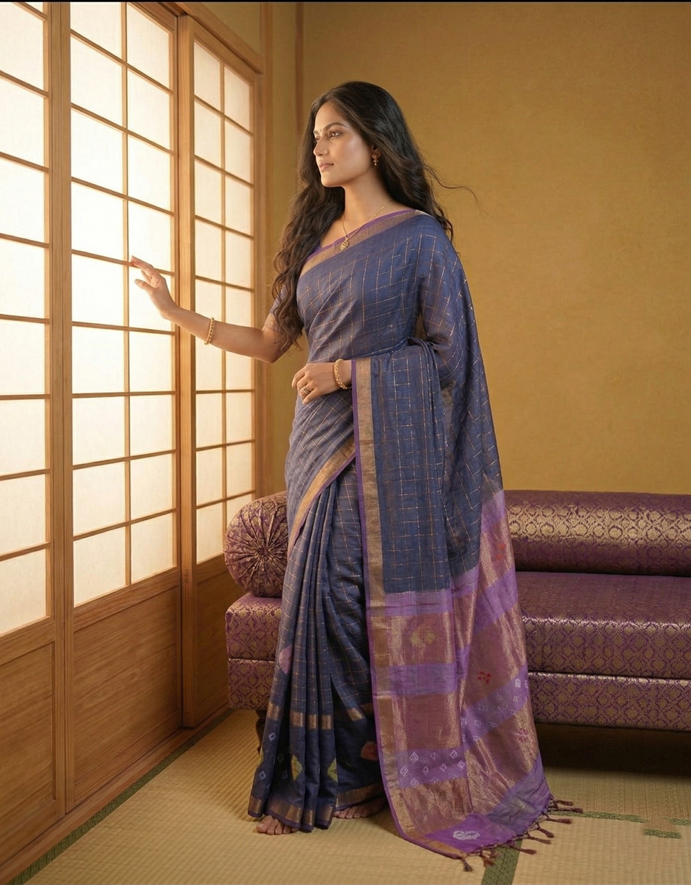 blue-dual-tone-cotton-silk-saree-with-golden-checks