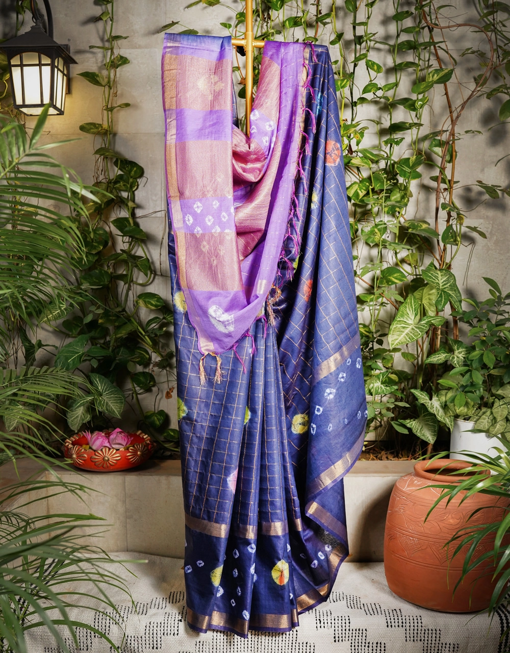 Blue Dual Tone Cotton Silk Saree With Golden Checks