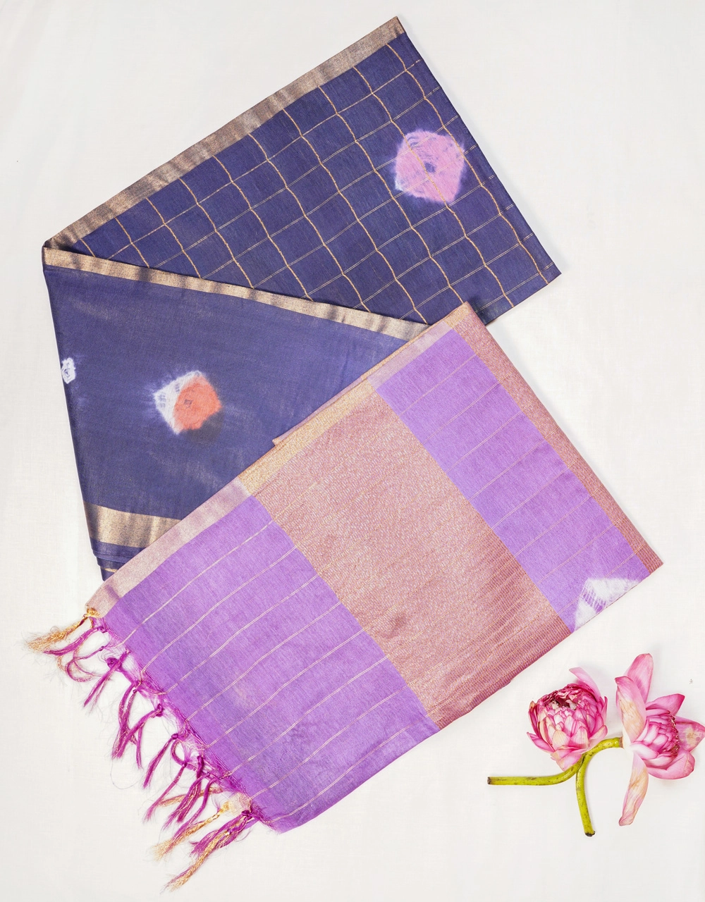 Hovered view of Blue Dual Tone Cotton Silk Saree With Golden Checks