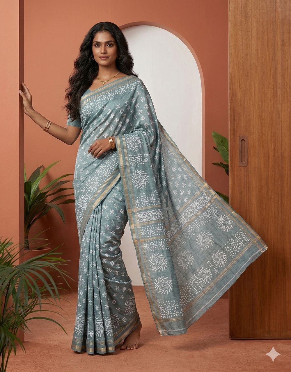 Grey Sea Mist Bhagalpuri Cotton Silk Handloom Saree