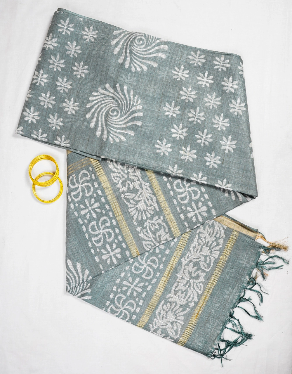 Hovered view of Grey Sea Mist Bhagalpuri Cotton Silk Handloom Saree