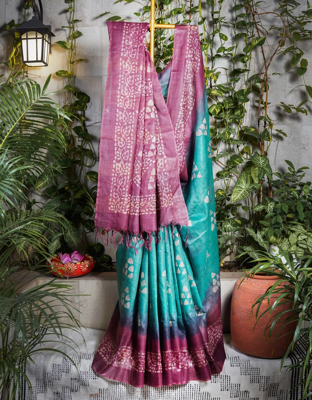 Green Plum Dual Tone Bhagalpuri Cotton Silk Bandhej Saree