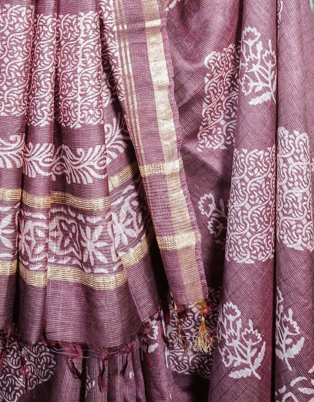 Maroon Wine Bhagalpur Cotton Silk Saree With Traditional Prints - View 5