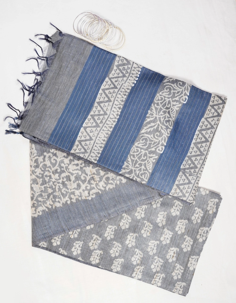 Hovered view of Grey And  Indigo Bhagalpuri Printed Cotton Silk Saree