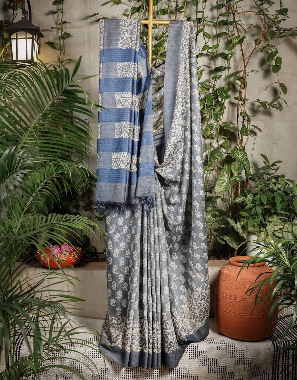 Grey And  Indigo Bhagalpuri Printed Cotton Silk Saree