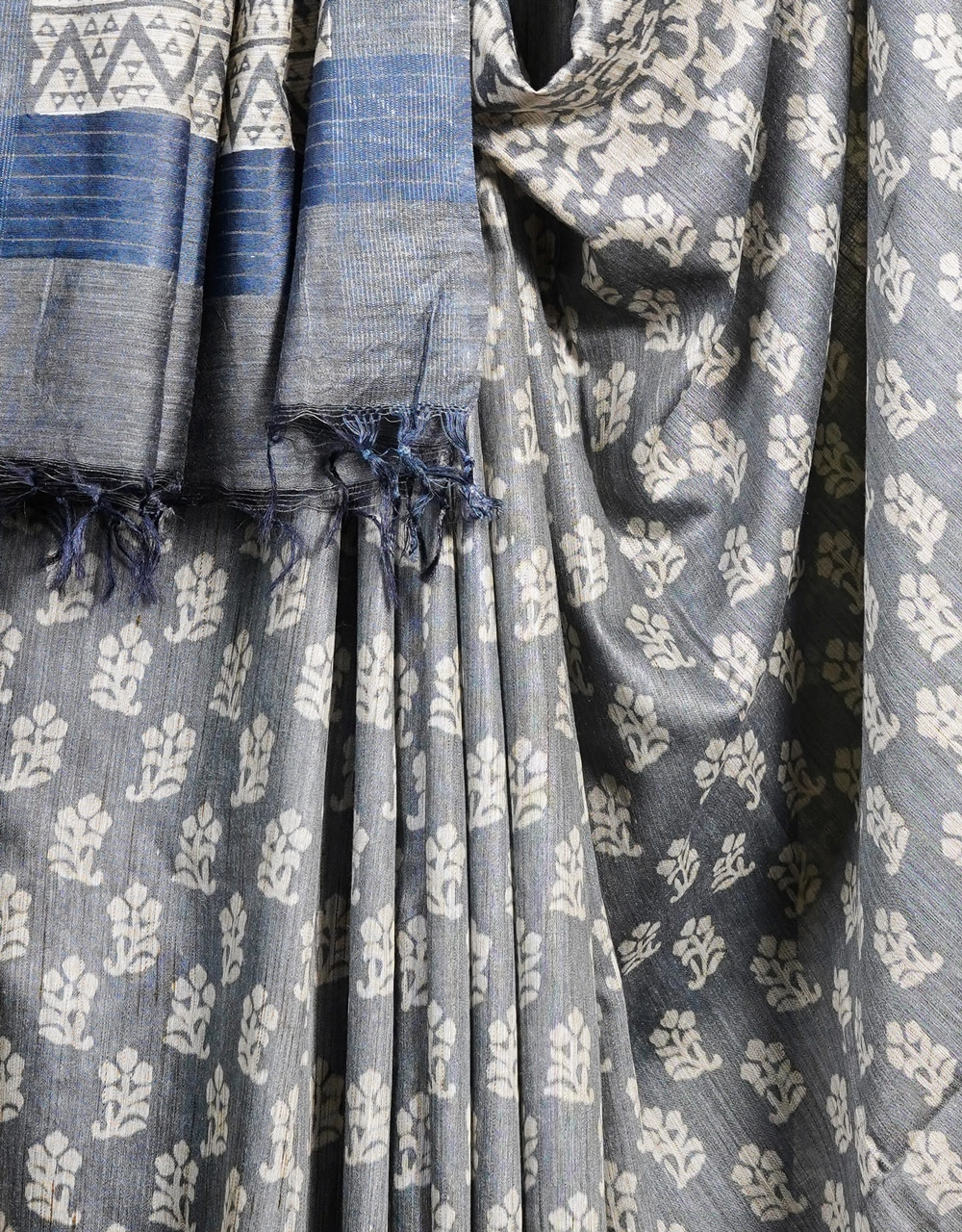 Hovered view of Grey And  Indigo Bhagalpuri Printed Cotton Silk Saree