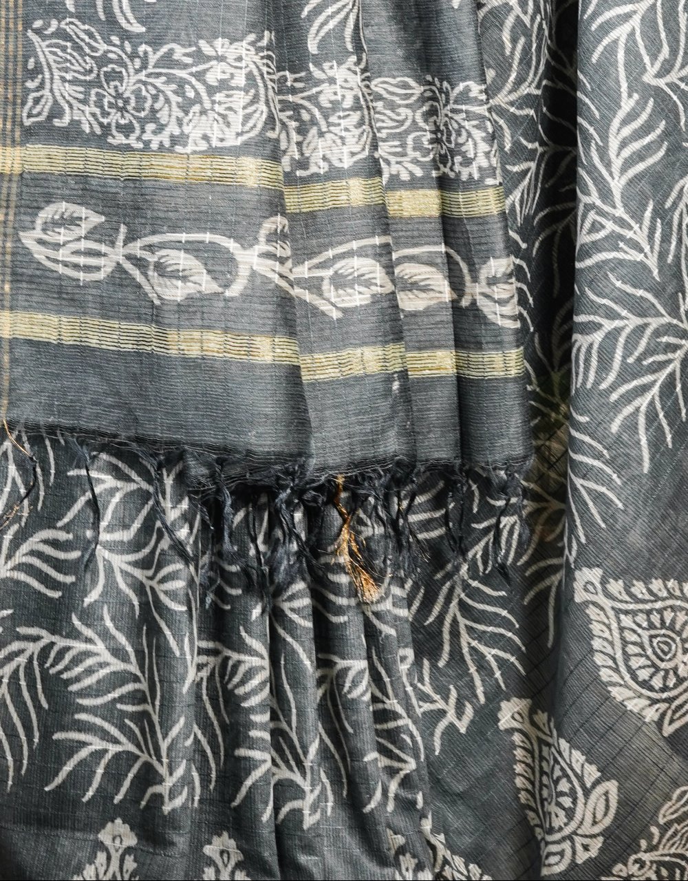 Grey With White Block Print And Zari Stripes Bhagalpur Cotton Silk Saree - View 3