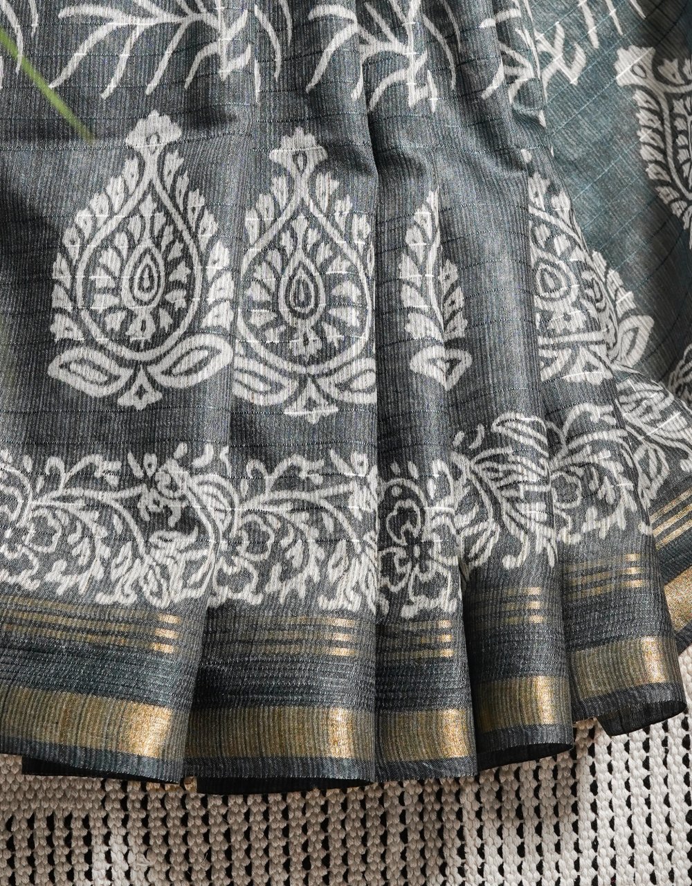 Grey With White Block Print And Zari Stripes Bhagalpur Cotton Silk Saree - View 5