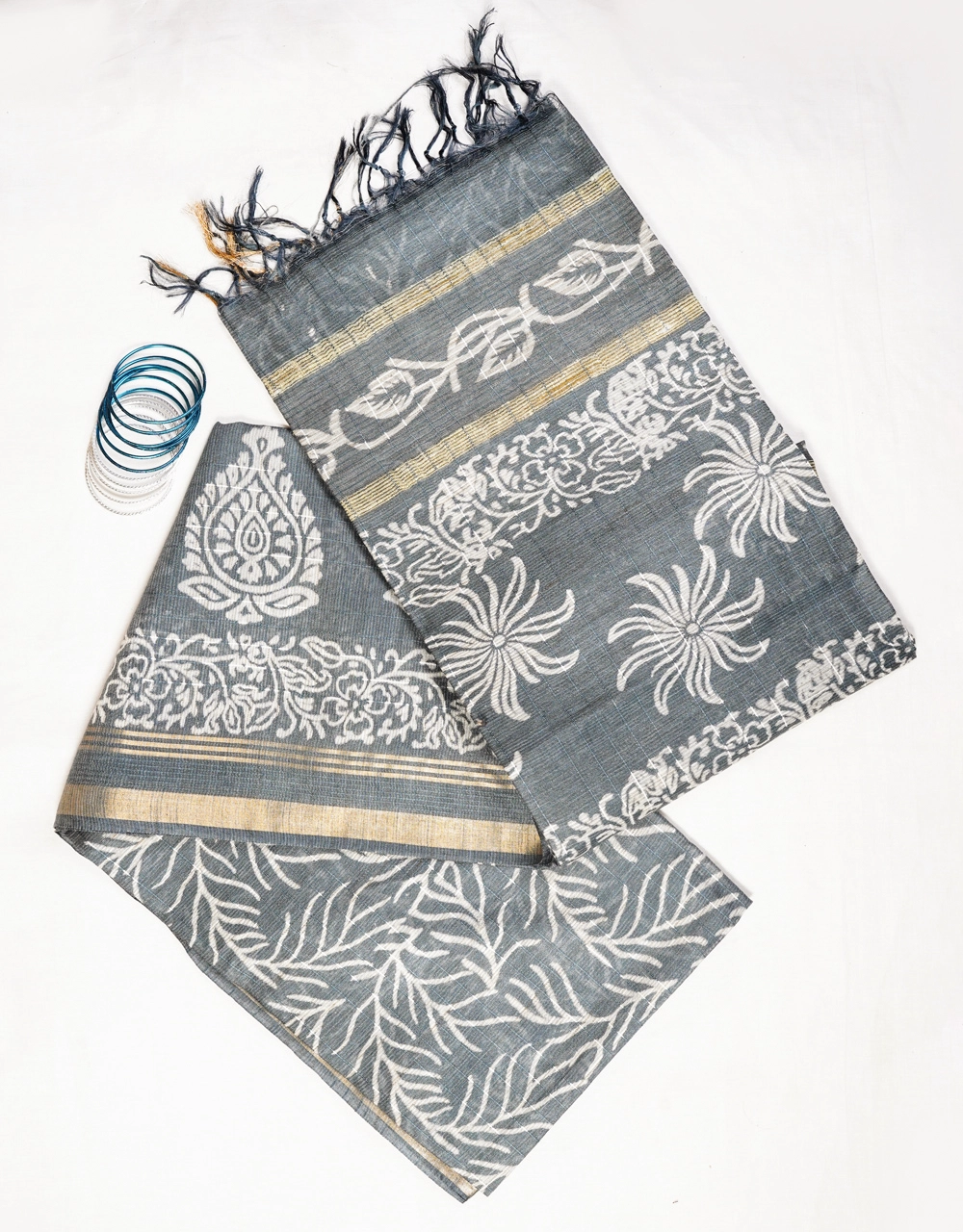 Hovered view of Grey With White Block Print And Zari Stripes Bhagalpur Cotton Silk Saree