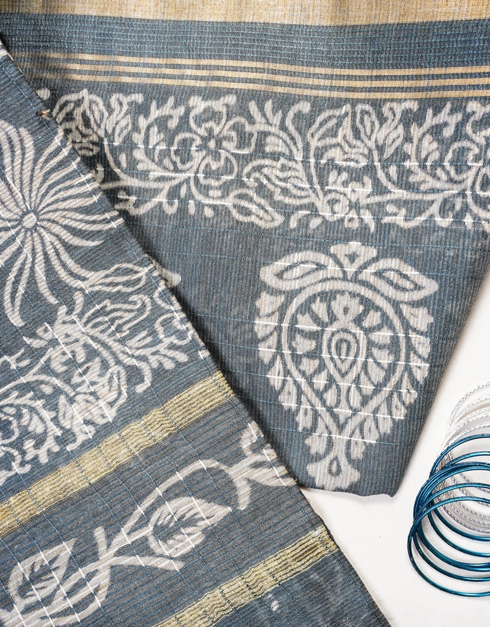 Grey With White Block Print And Zari Stripes Bhagalpur Cotton Silk Saree - View 4