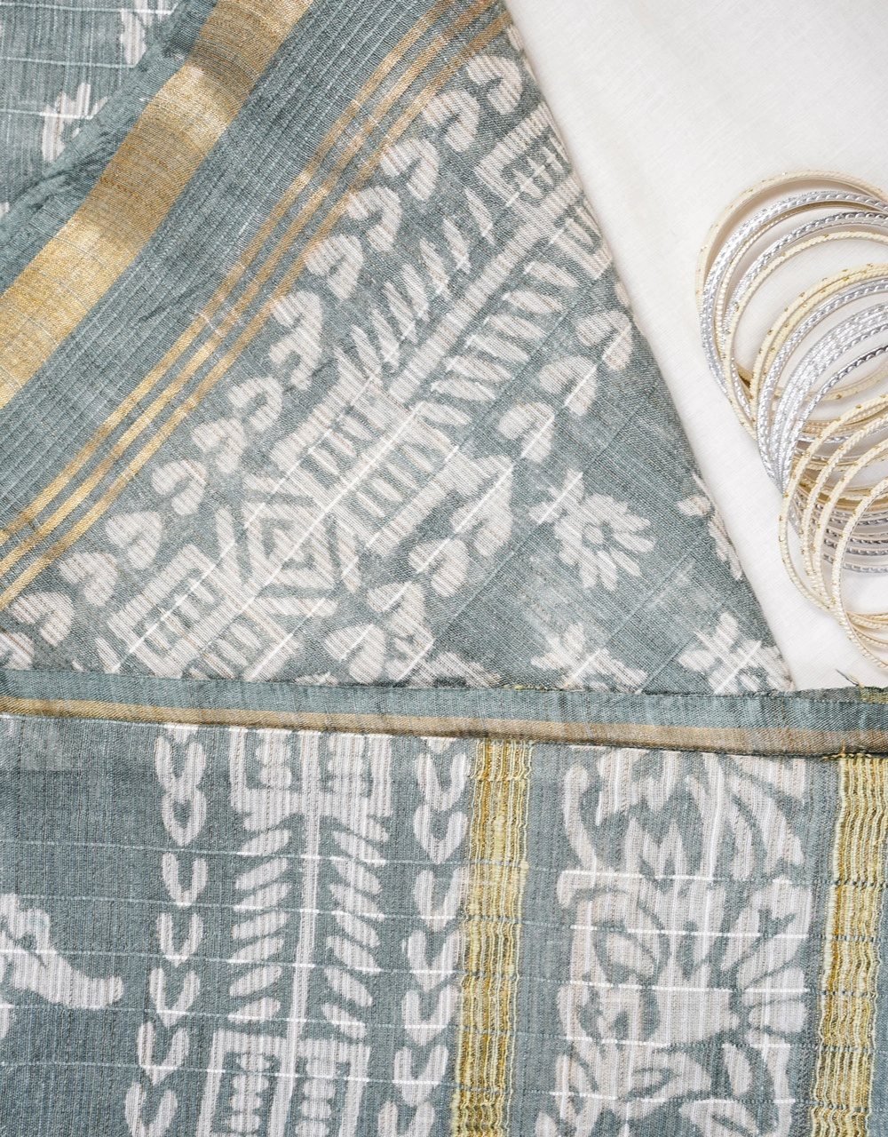 Grey With White Buta Block Print Bhagalpur Cotton Silk Saree - View 3