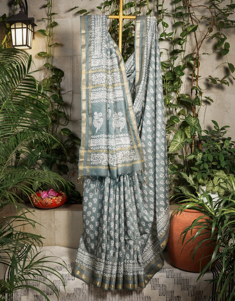 Grey With White Buta Block Print Bhagalpur Cotton Silk Saree