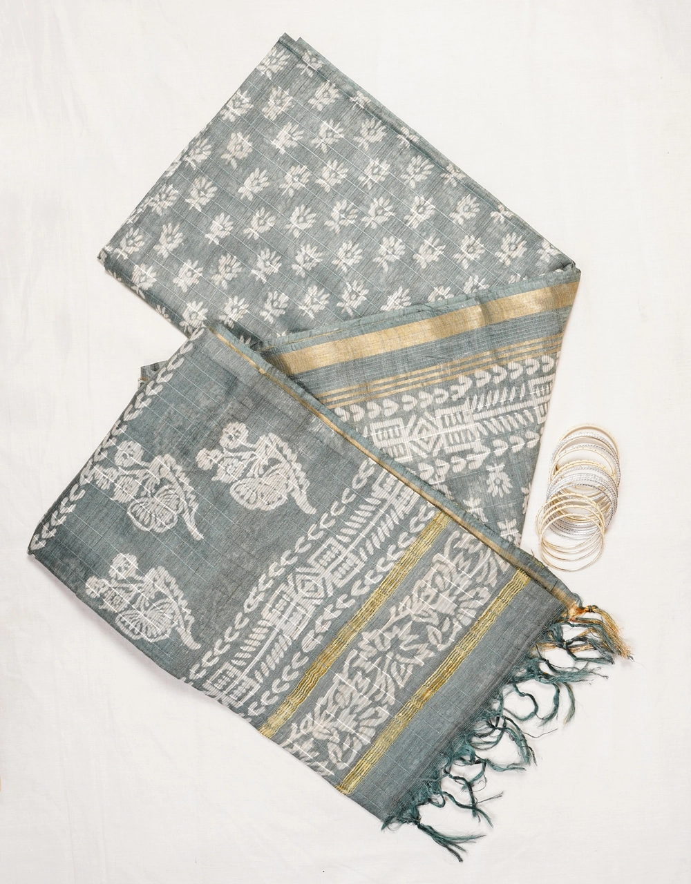 Hovered view of Grey With White Buta Block Print Bhagalpur Cotton Silk Saree