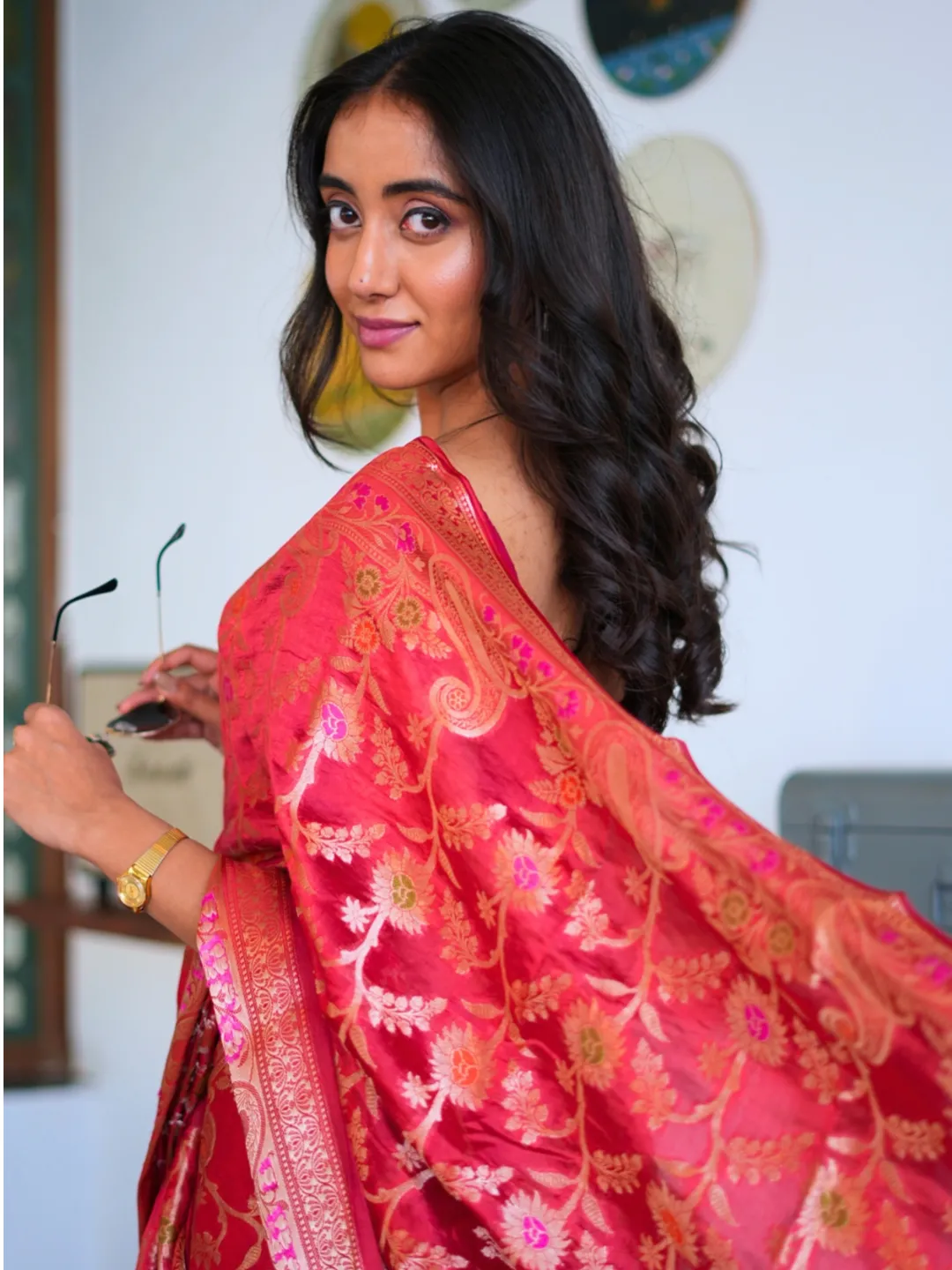 Red Radiant Dupion Silk Banarasi Saree front view
