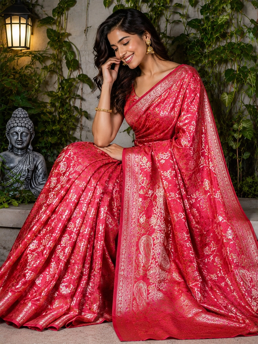 Red Radiant Dupion Silk Banarasi Saree - View 3